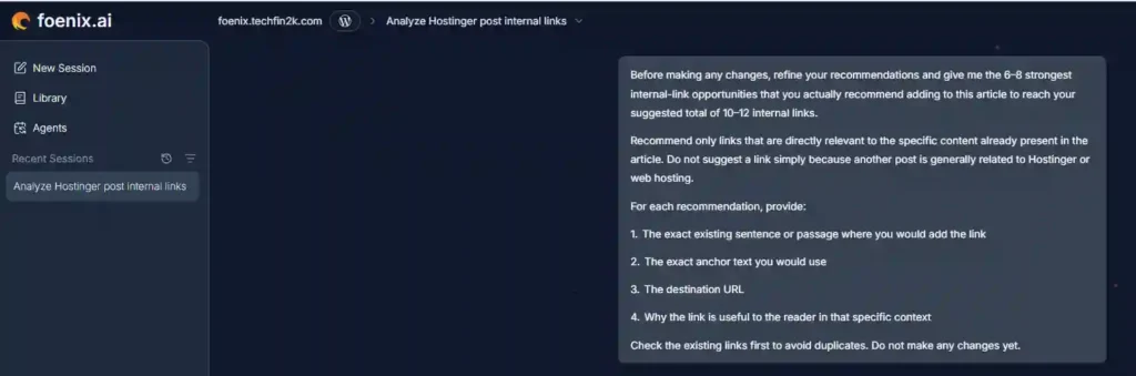 Foenix AI prompt requesting refined internal link recommendations with exact placement and anchor text