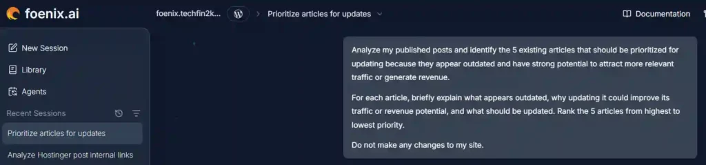 Prompt asking Foenix AI to analyze published articles and recommend the top five content update opportunities.