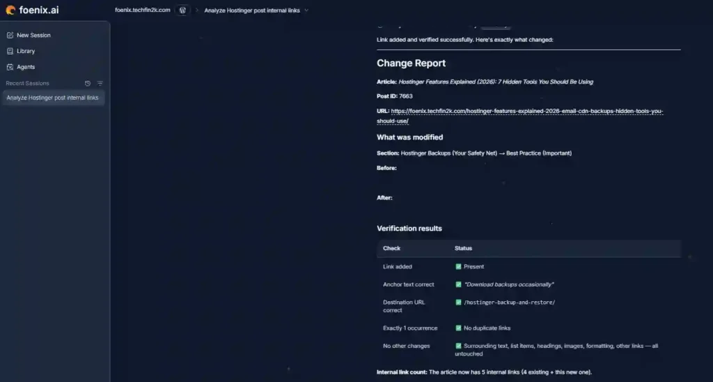 Foenix AI verification report confirming the approved internal link was added to WordPress