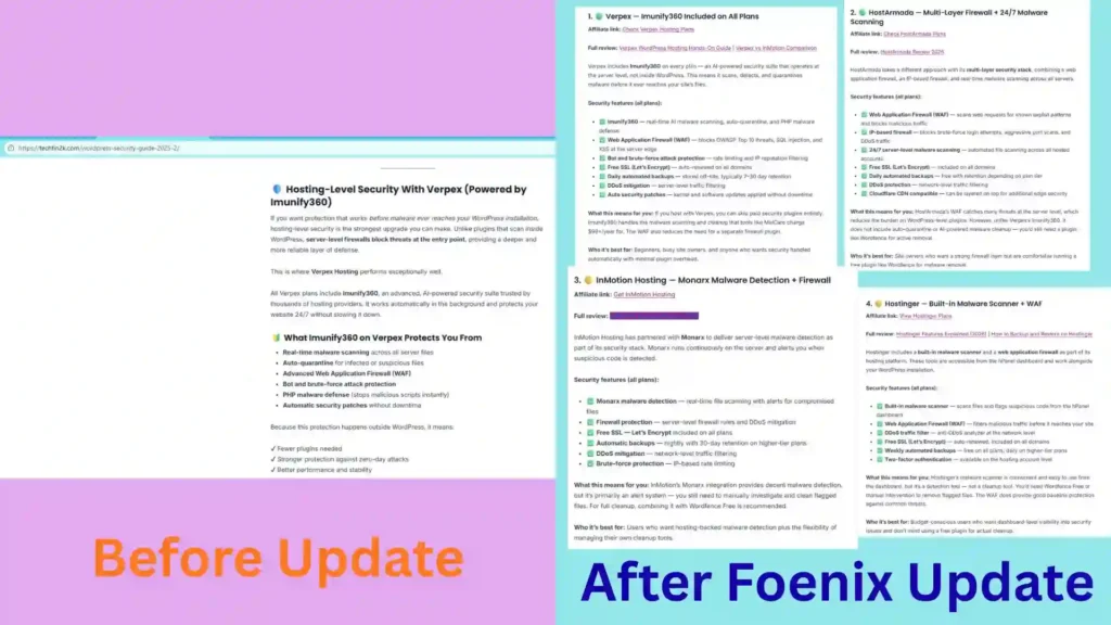 Side-by-side comparison of the original Hosting-Level Security section and the expanded version created by Foenix AI, showing multiple hosting providers, verified security features, and relevant affiliate links sourced from existing website content.