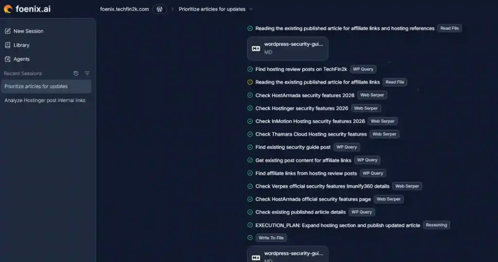 Foenix AI workflow showing file reading, WordPress queries, web verification, and execution planning before preparing a WordPress article for publication.