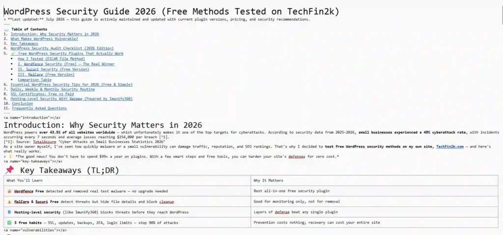 Foenix AI generated Markdown draft containing the revised WordPress Security Guide with updated headings and navigation.