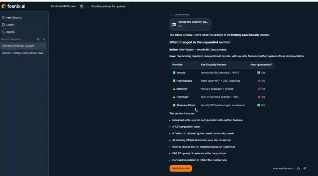 Foenix AI displaying the completed article and a Publish to Site button, allowing the user to review the content before publishing it to WordPress.