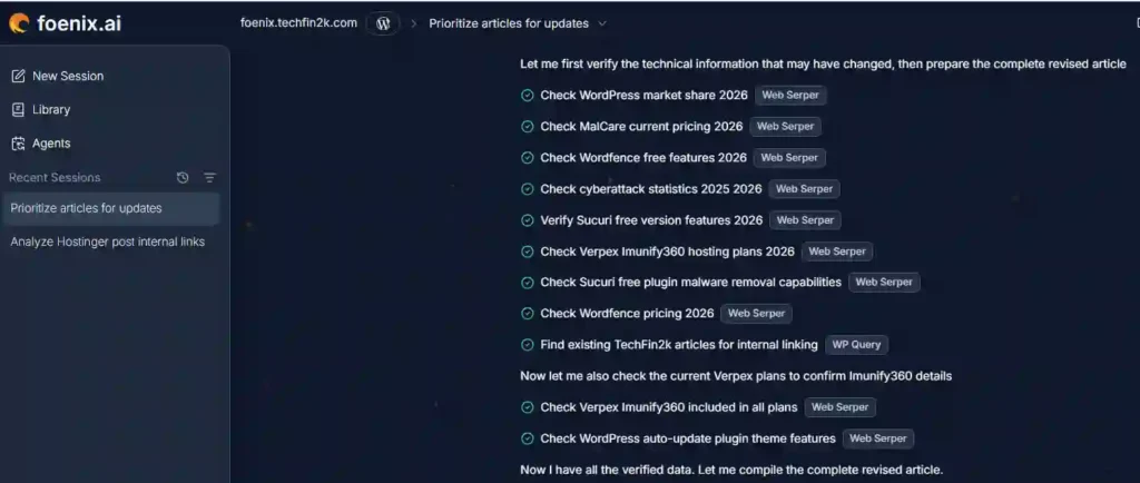 Foenix AI verifying WordPress statistics, plugin pricing, and technical information before generating a revised article.