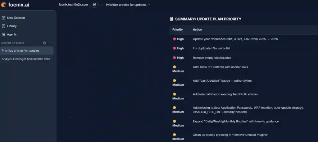 Foenix AI update plan priority summary showing high and medium priority recommendations for refreshing a WordPress Security Guide article.