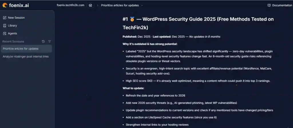 Foenix AI explaining why the WordPress Security Guide was selected as the highest-priority article for updating.