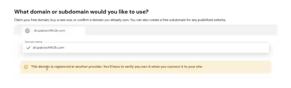 Hostinger subdomain selection screen showing drupal.techfin2k.com before installing Drupal on Hostinger