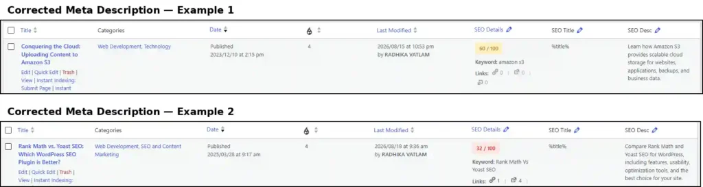 Two corrected meta descriptions generated by Foenix AI for WordPress posts