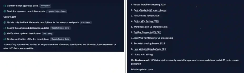 Foenix AI applying and verifying ten approved meta descriptions on WordPress posts