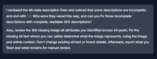 Second prompt asking Foenix AI to fix incomplete meta descriptions using the full article content