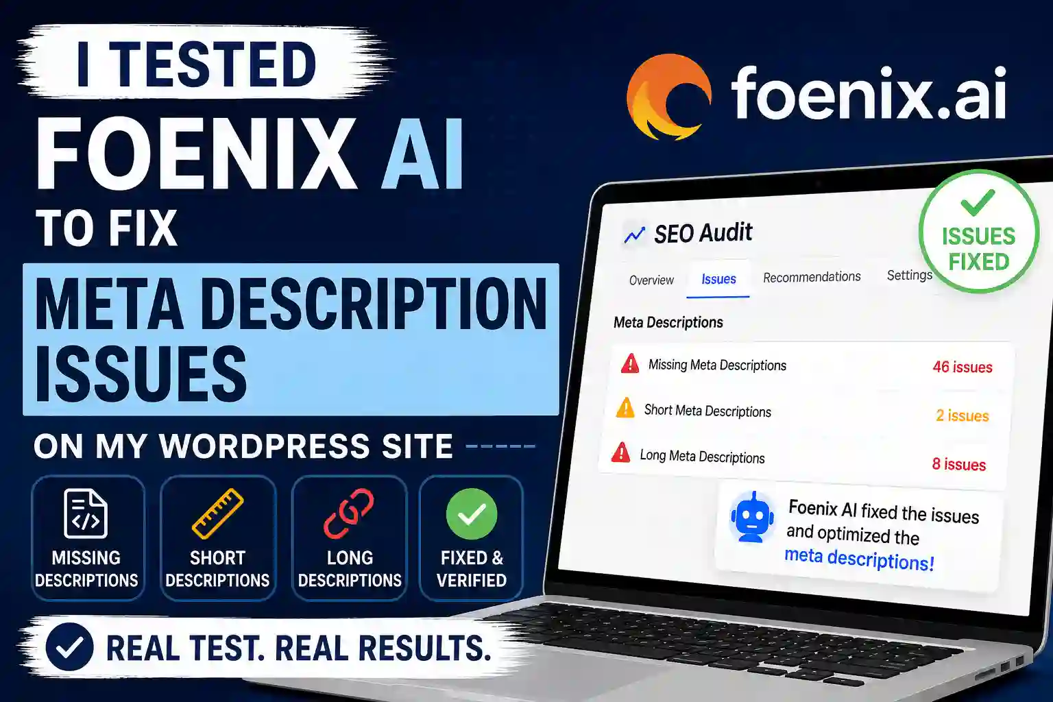 Foenix AI fixing meta description issues on a WordPress site