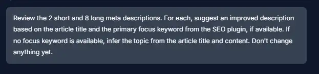 Prompt asking Foenix AI to suggest improved short and long meta descriptions without changing them
