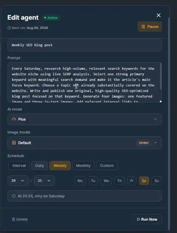 Foenix AI WordPress Automation weekly schedule set for Saturday at 20:25