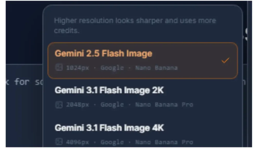 Foenix image generation settings showing Gemini 2.5 Flash Image and resolution options