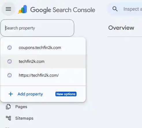 Google Search Console dashboard showing the Property Selector and Add Property option
