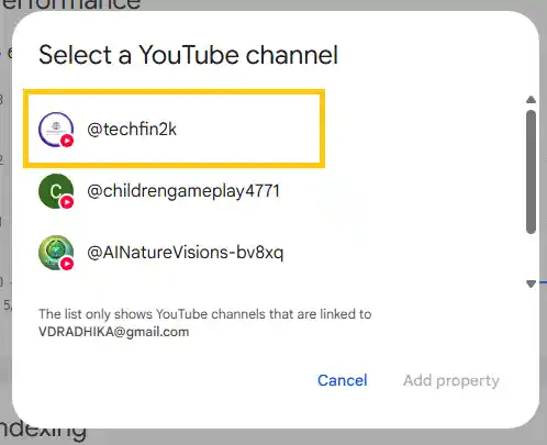 Select a YouTube channel associated with your Google account in Search Console