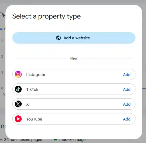 Platform Properties section in Google Search Console displaying YouTube, Instagram, TikTok and X