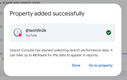 Google Search Console message stating that search performance data collection has started for the YouTube property