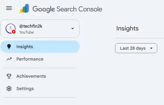 Google Search Console property selector showing the added YouTube channel