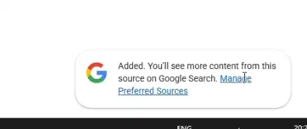 Google confirmation after adding a website as a Preferred Source