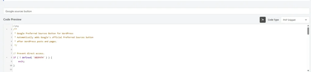 Add the Google Preferred Sources PHP code in WPCode