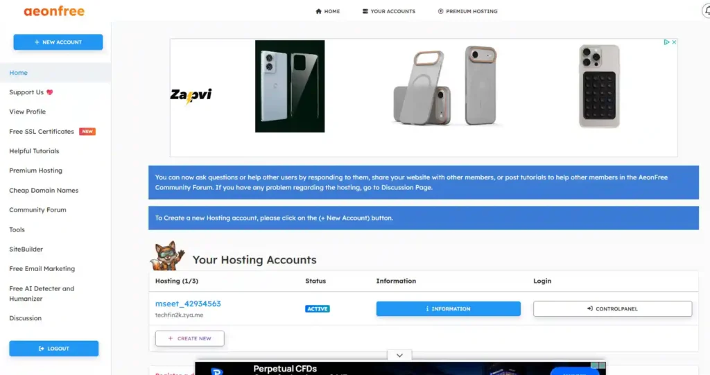 AeonFree free hosting dashboard with left-side navigation and advertisements