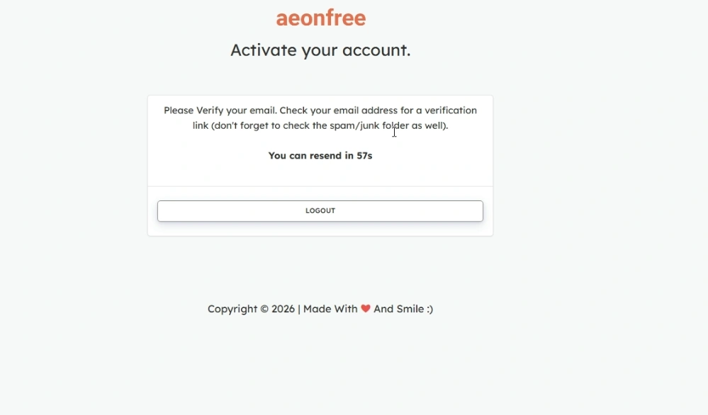 AeonFree free hosting email verification message after registration