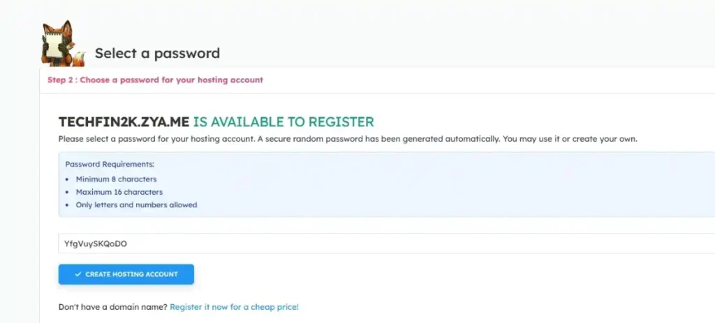 AeonFree free subdomain selection showing techfin2k.zya.me available