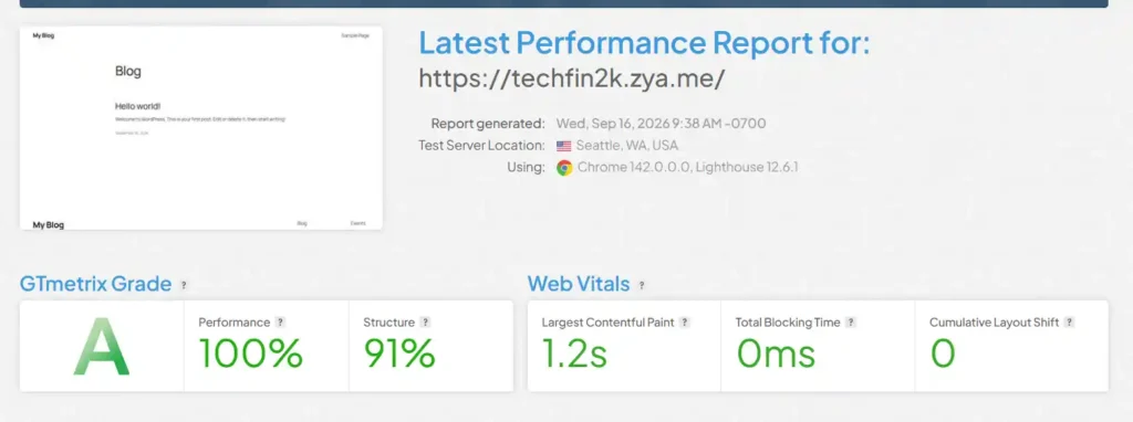 AeonFree fresh WordPress GTmetrix test showing Grade A and 100 percent performance