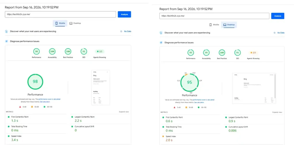 AeonFree fresh WordPress PageSpeed Insights mobile and desktop performance results