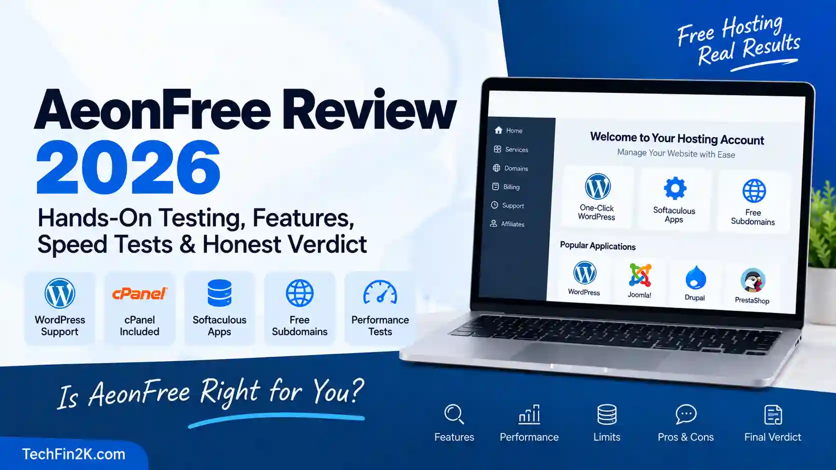 AeonFree Review 2026 showing free hosting features and performance testing