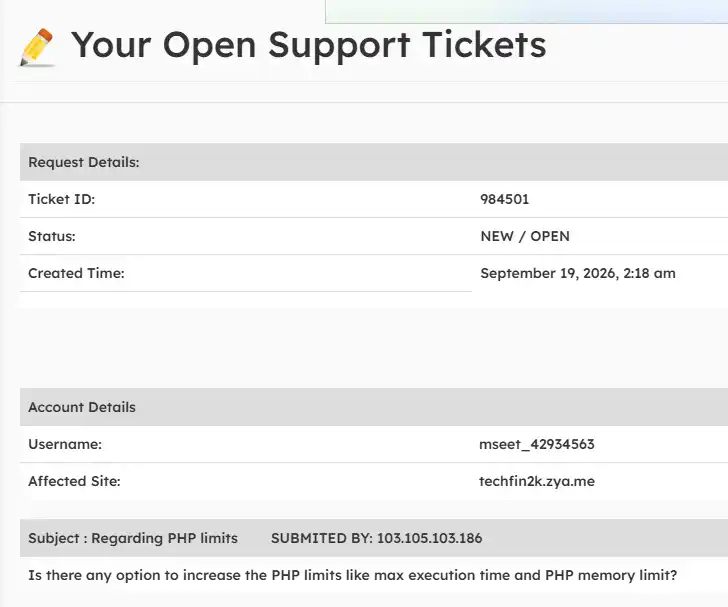 AeonFree support ticket asking about PHP limits
