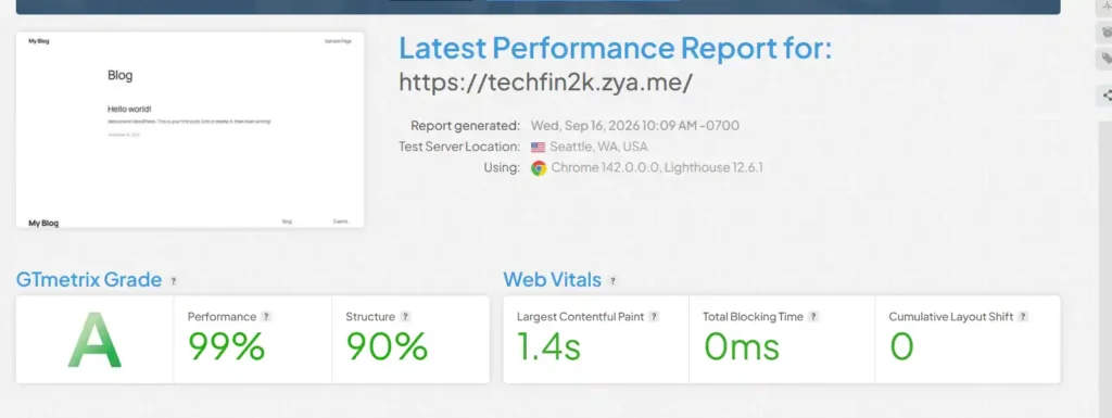 AeonFree WordPress with 15 plugins GTmetrix Grade A performance test