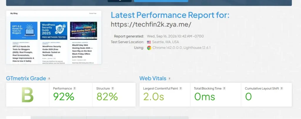 AeonFree WordPress with content and images GTmetrix performance test showing Grade B