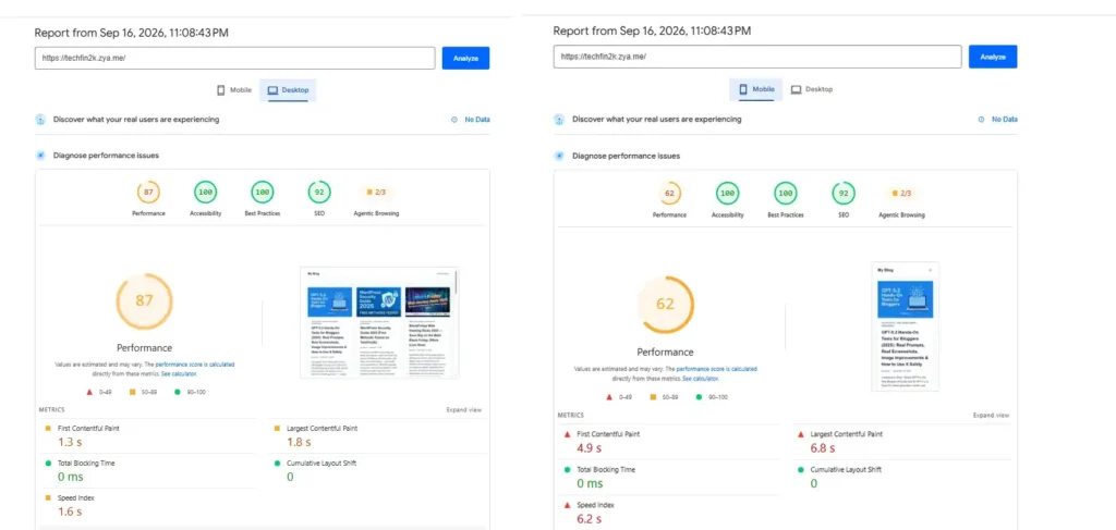AeonFree WordPress with 33 posts and 222 images PageSpeed mobile and desktop results