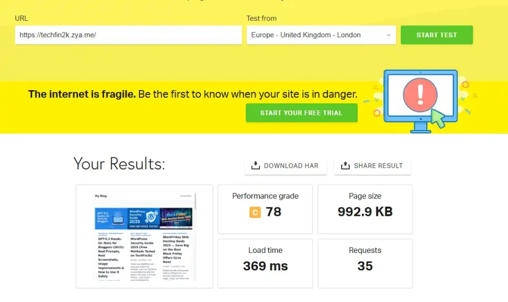 AeonFree WordPress content and media Pingdom speed test showing 78 score