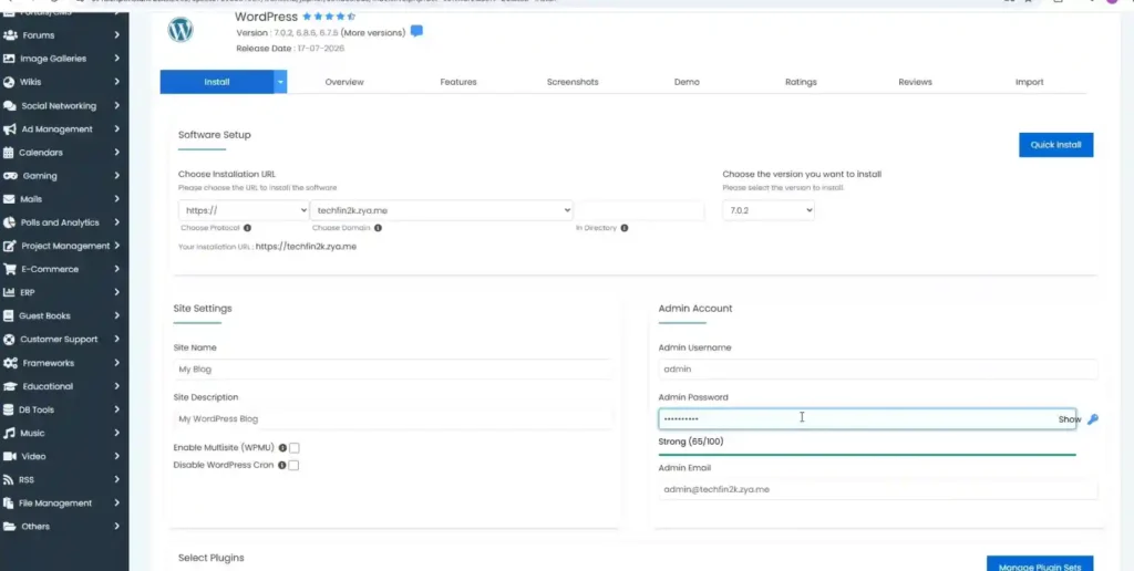 AeonFree WordPress installation using Softaculous with installation settings