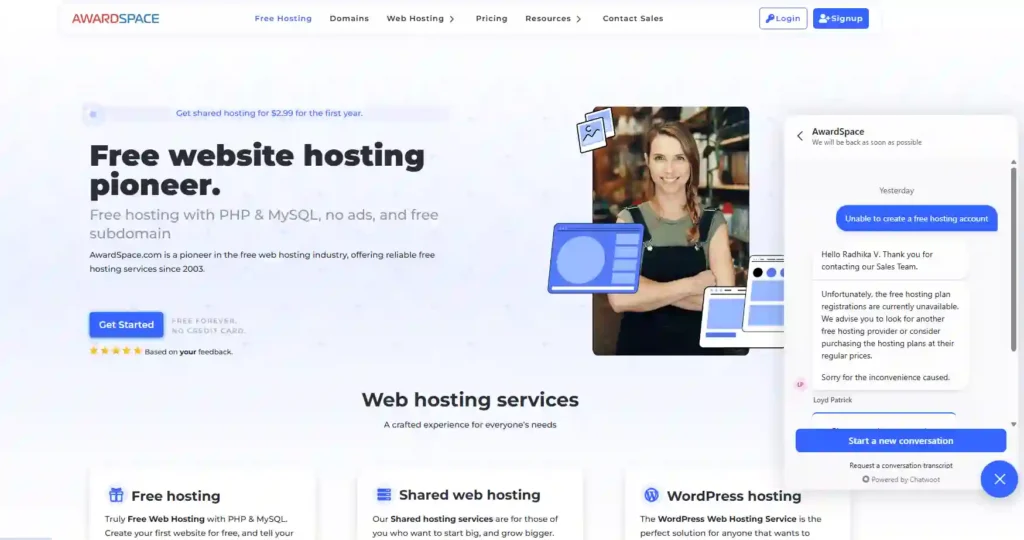 AwardSpace support confirms free hosting registrations are currently unavailable