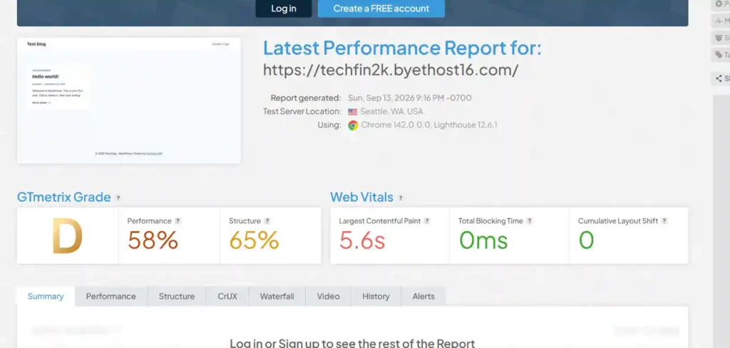 GTmetrix performance results for ByetHost WordPress website with 15 active plugins