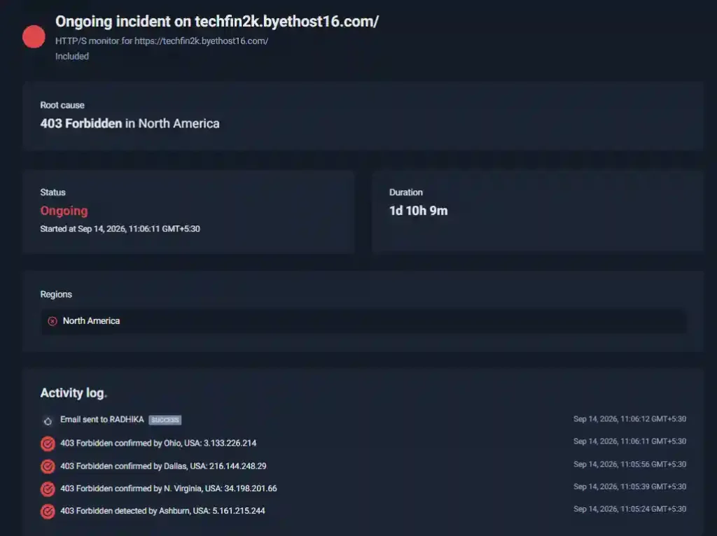 ByetHost uptime monitoring test showing a 403 Forbidden response