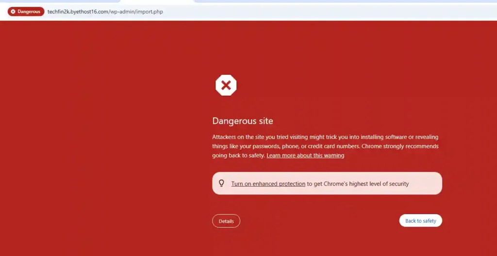 Chrome Dangerous site warning when accessing WordPress import.php on ByetHost