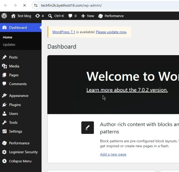 Fresh WordPress dashboard installed on ByetHost free hosting