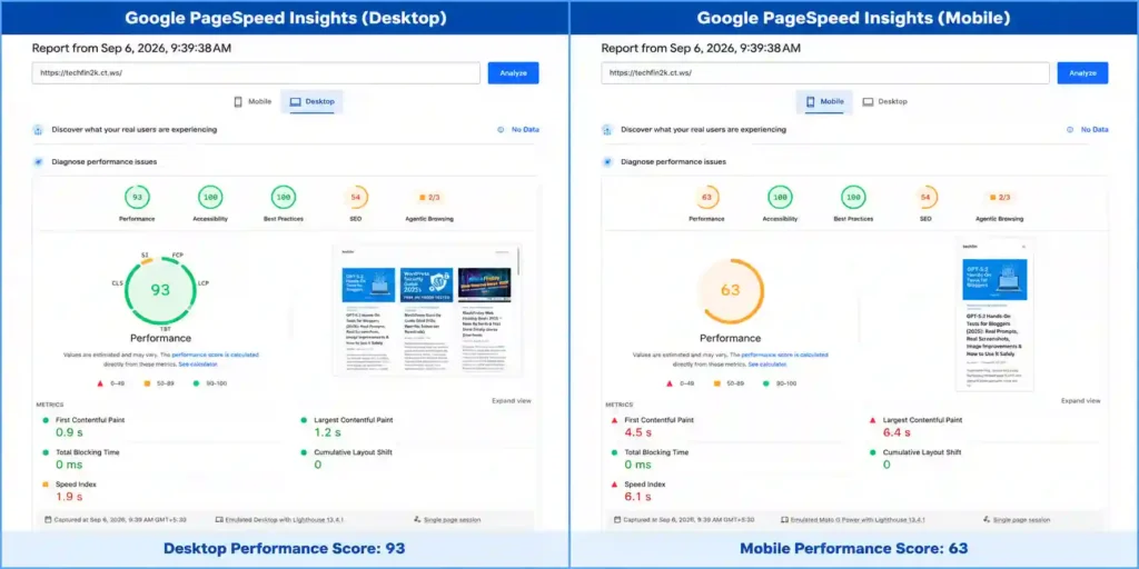 Google PageSpeed Insights desktop and mobile results for content-loaded WordPress website