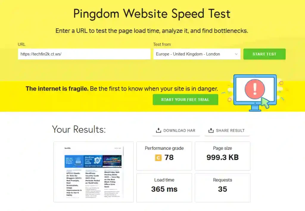 Pingdom website speed test results for content-loaded WordPress website