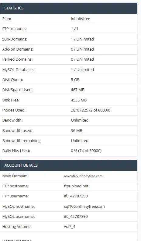 InfinityFree account resource usage showing daily hits, disk space and inode limits