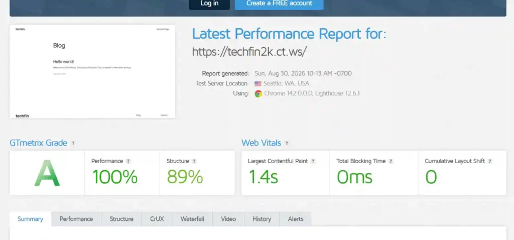 GTmetrix performance results for a blank WordPress website hosted on InfinityFree