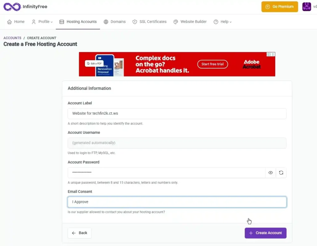 InfinityFree create free hosting account page showing account label, automatically generated username and password fields