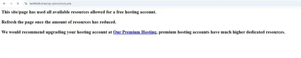 InfinityFree free hosting resource limit warning encountered during WordPress website testing