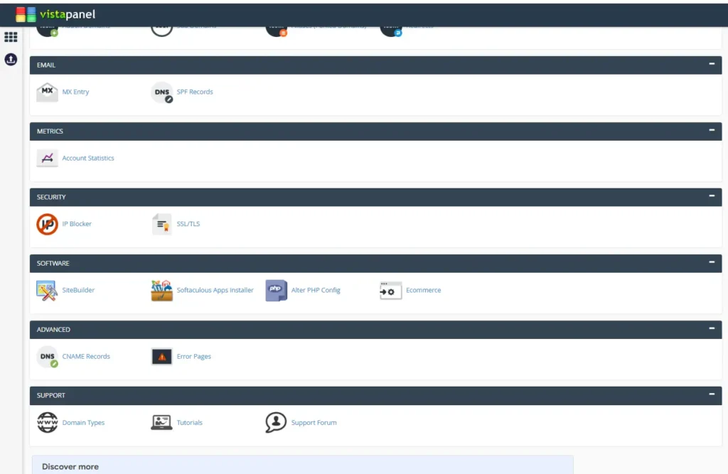 InfinityFree VistaPanel control panel showing Softaculous Apps Installer and hosting management tools