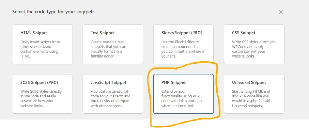 Select PHP Snippet as the code type in WPCode